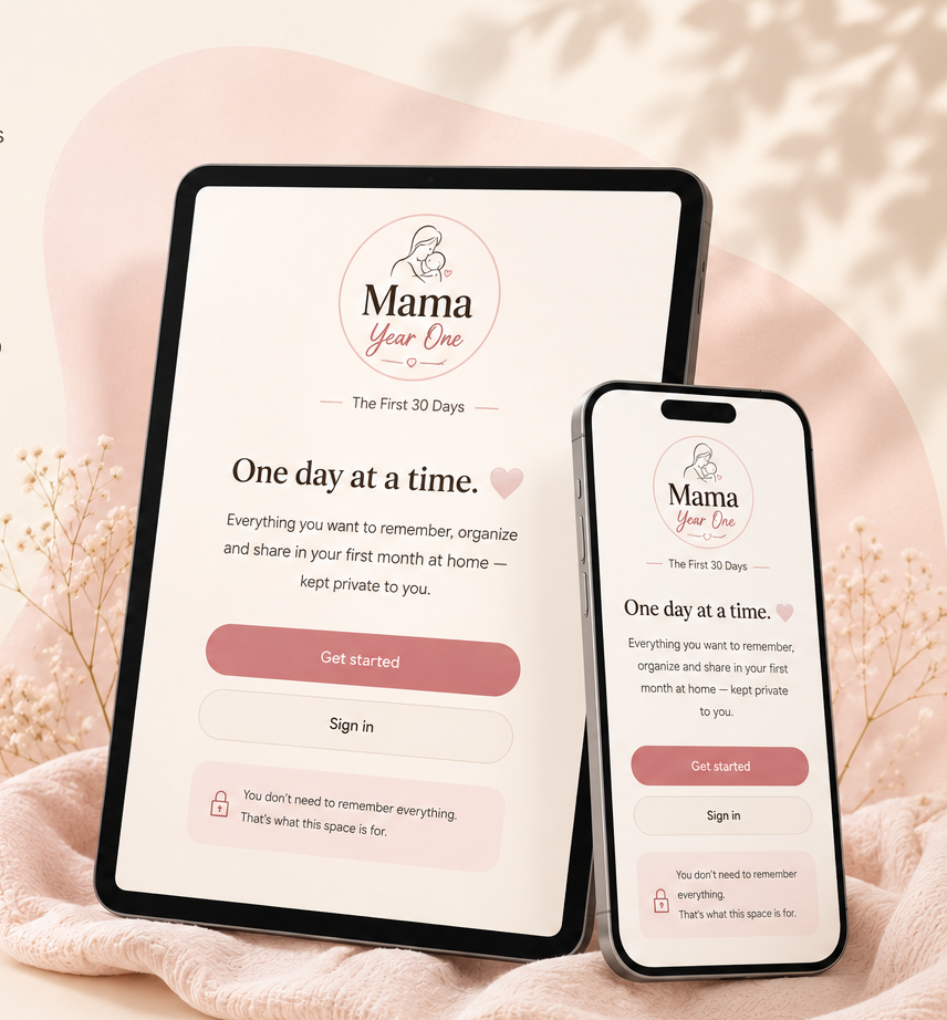 Mama Year One shown on a portrait tablet and a phone