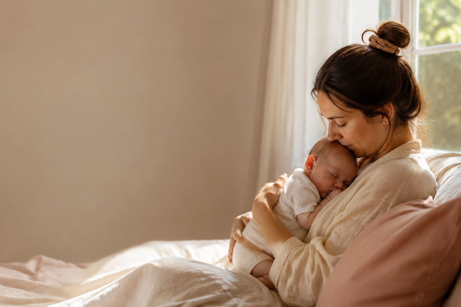 A mother sitting in soft morning light, holding her sleeping newborn close
